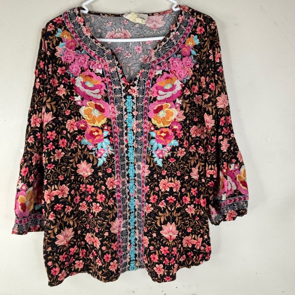 Savanna Jane Blouse Womens Large Black Floral Embroidered Bell Sleeve Boho Top